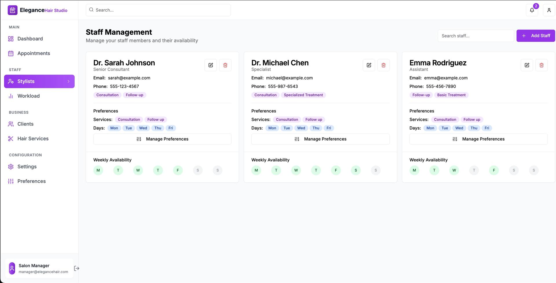Staff management dashboard