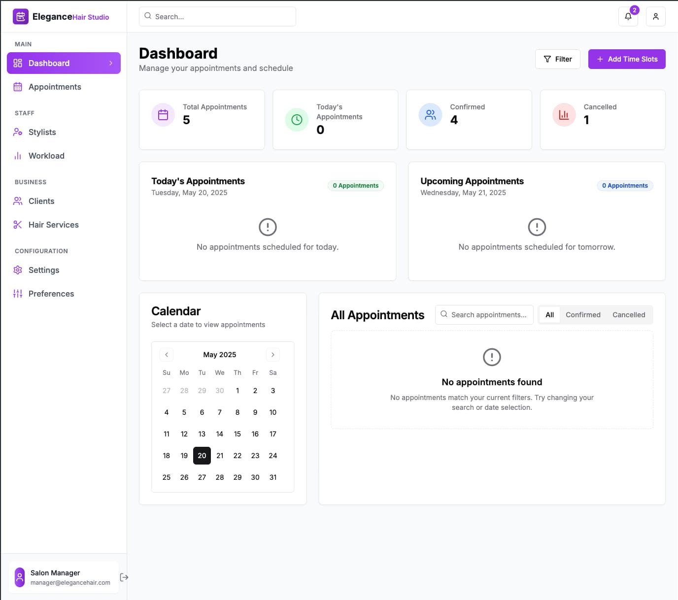 Booking system dashboard
